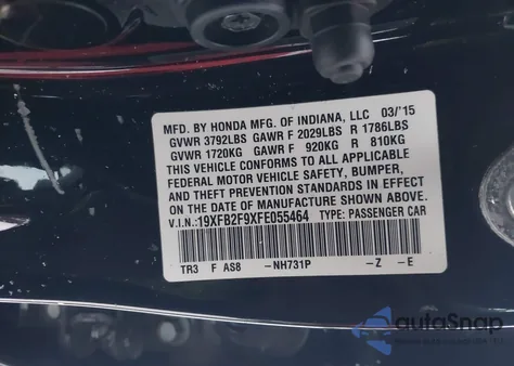 2015 Honda Civic Ex-L из США, поврежденный, VIN 19XFB2F9XFE055464